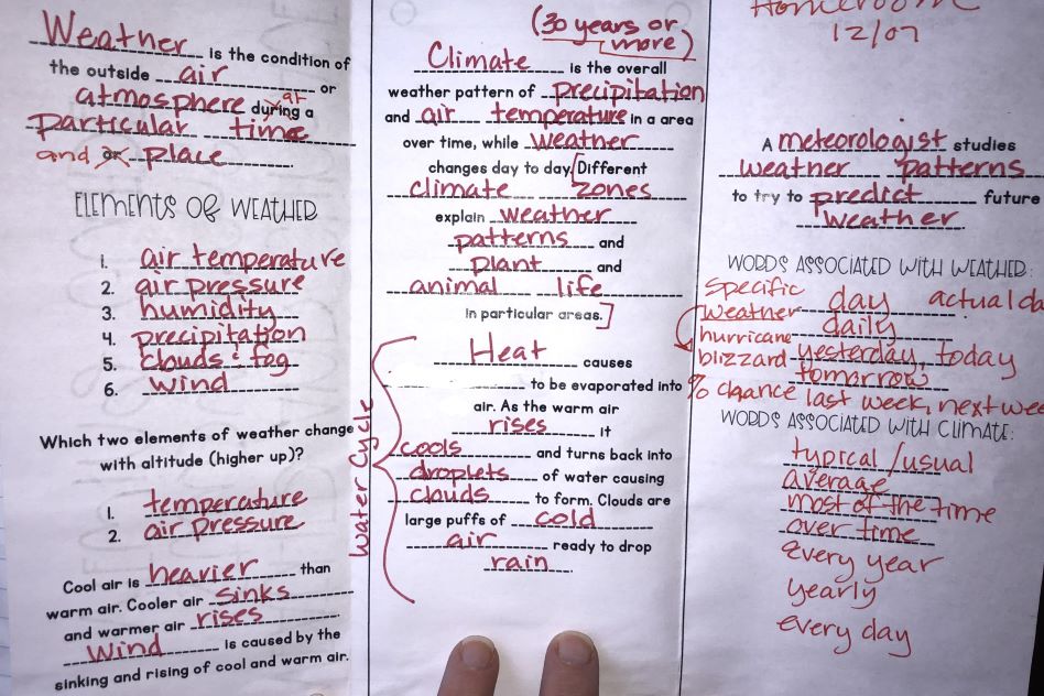 interactive science notebook weather video viewing guide foldable that was completed during video, then checked and glued into journal